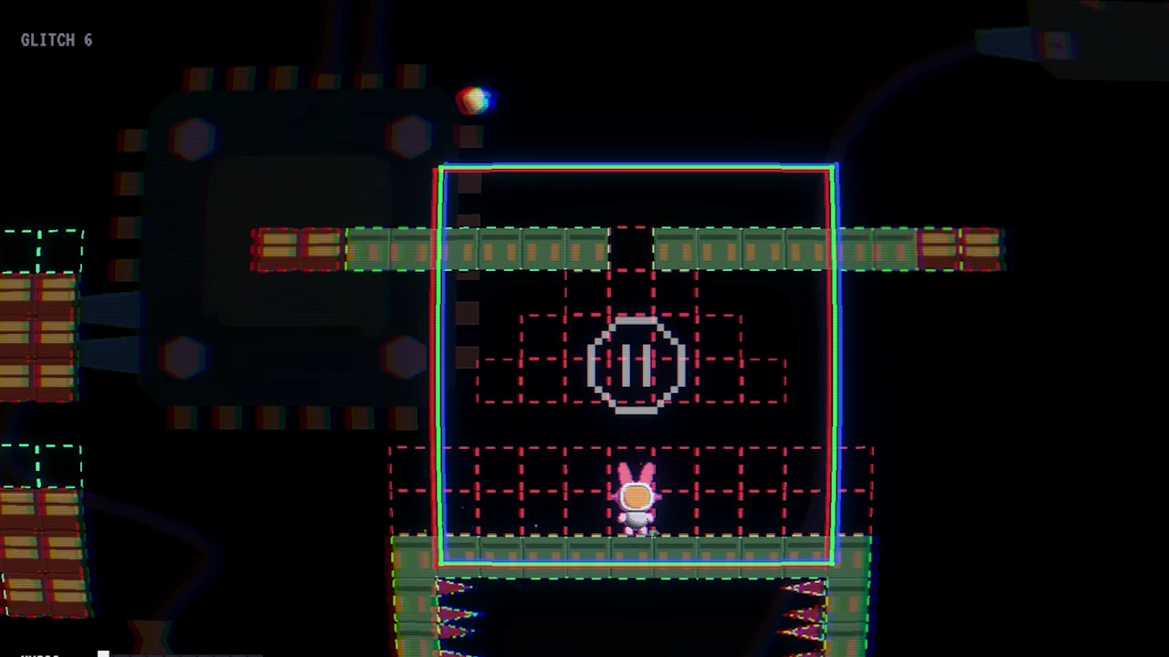 A paused frame: the pause icon over a cage of red and green glitch blocks