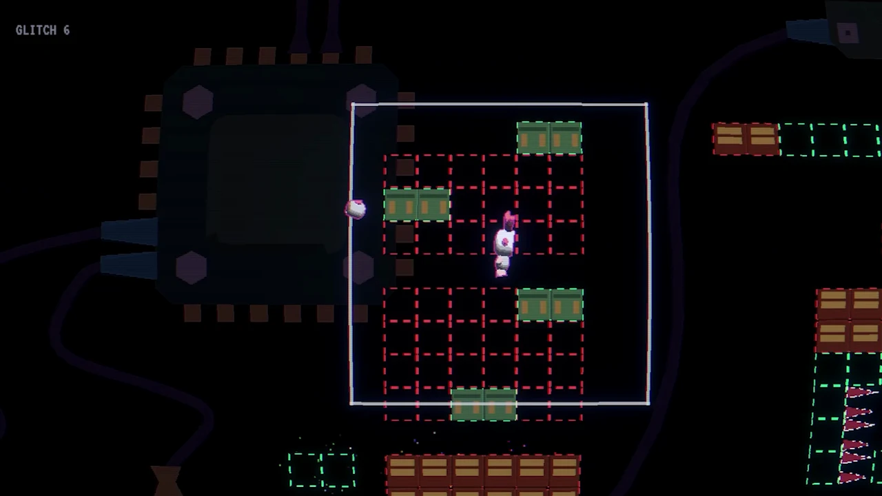 The frame passing over a tower of red and green glitch blocks in a later level